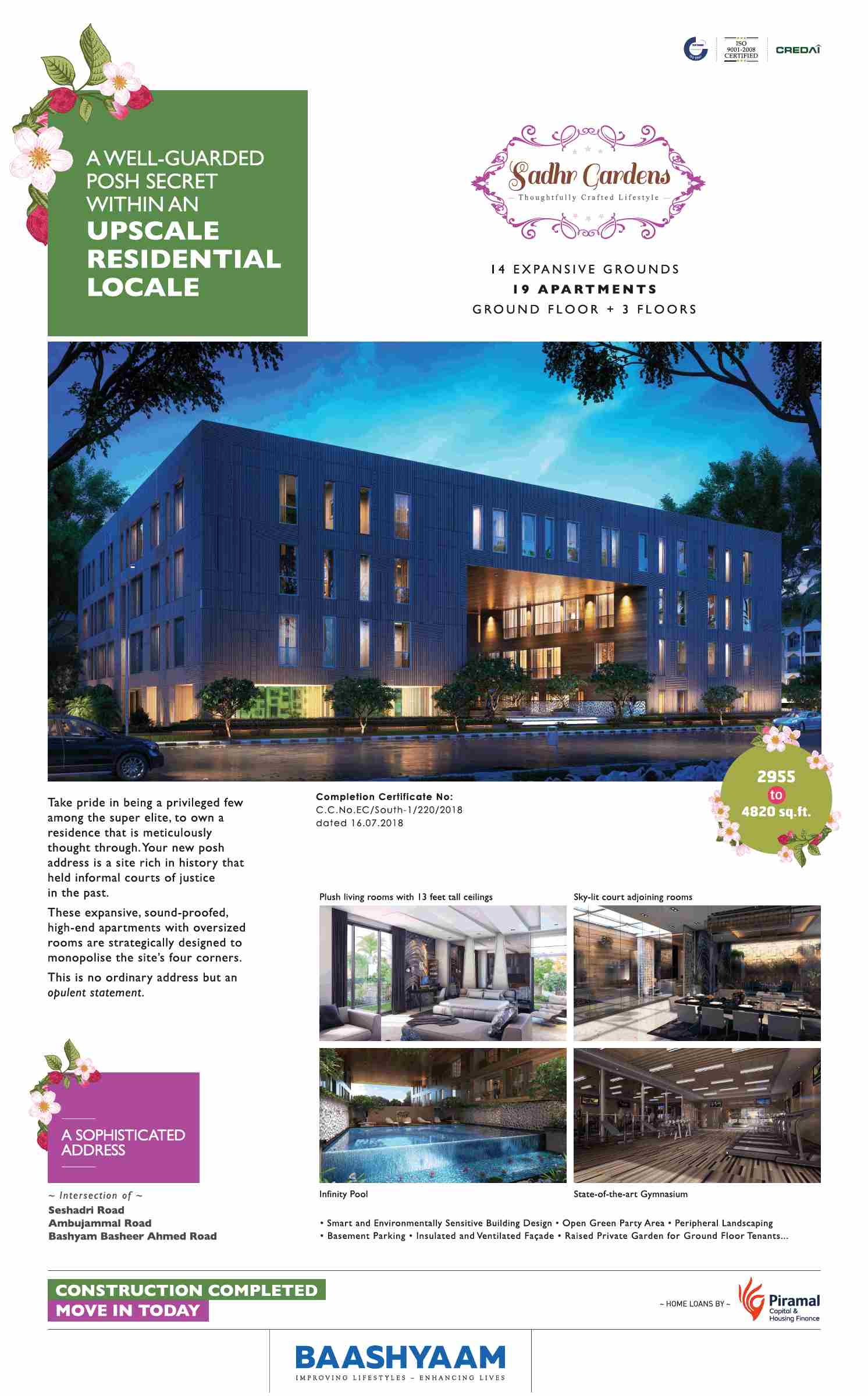 Reside in sophisticated address at Baashyaam Sadhr Gardens in Chennai